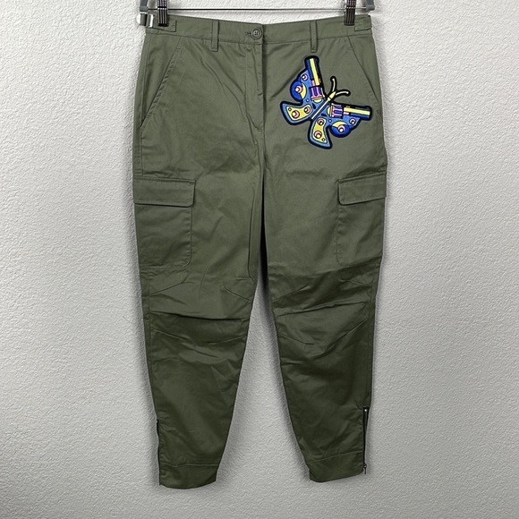 NWT Jeremy Scott Military Green High Rise Cargo Pants Butterfly Guns Patch Sz 8 - Picture 3 of 16